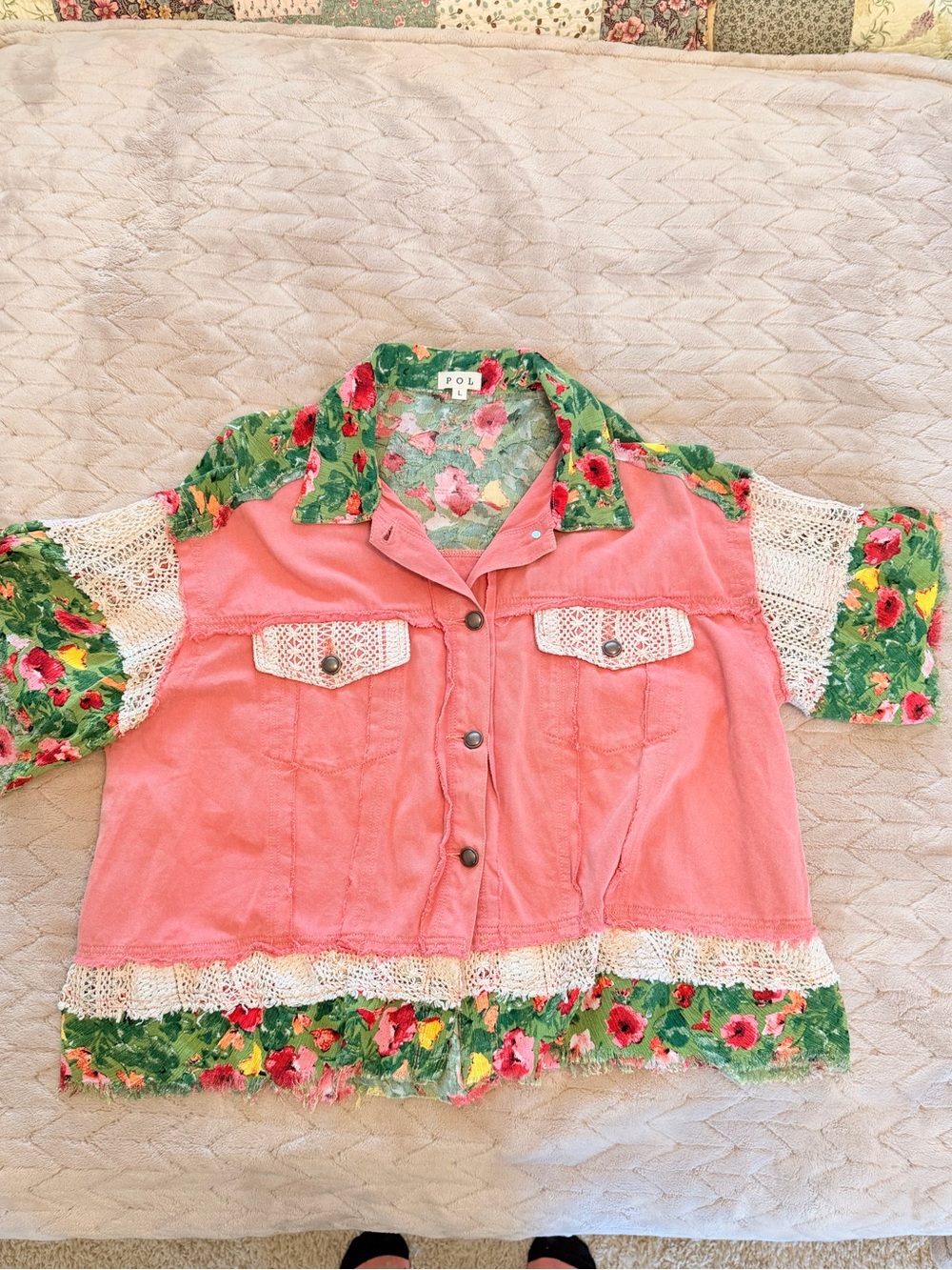 POL Woman’s Coral Pink Jean Short Sleeve Jacket with Green Floral Trim